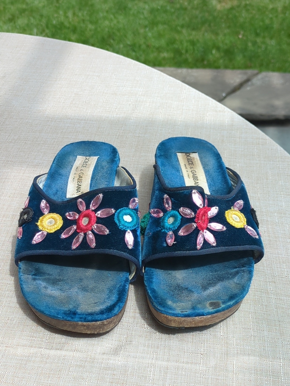 Dolce & Gabbana Navy Blue Velvet Floral Jewel Slide Sandals